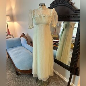 VTG 70s Maxi Dress Lime Green Lace ILGWU Tagged Nadine Size XS